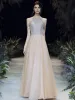 High-end Gold Evening Dresses  2020 A-Line / Princess Scoop Neck Sleeveless Beading Glitter Tulle Floor-Length / Long Backless Formal Dresses