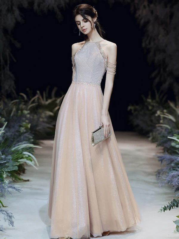 High-end Gold Evening Dresses  2020 A-Line / Princess Scoop Neck Sleeveless Beading Glitter Tulle Floor-Length / Long Backless Formal Dresses