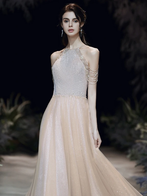 High-end Gold Evening Dresses  2020 A-Line / Princess Scoop Neck Sleeveless Beading Glitter Tulle Floor-Length / Long Backless Formal Dresses