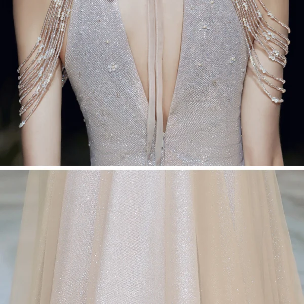 High-end Gold Evening Dresses  2020 A-Line / Princess Scoop Neck Sleeveless Beading Glitter Tulle Floor-Length / Long Backless Formal Dresses