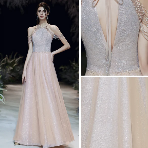 High-end Gold Evening Dresses  2020 A-Line / Princess Scoop Neck Sleeveless Beading Glitter Tulle Floor-Length / Long Backless Formal Dresses