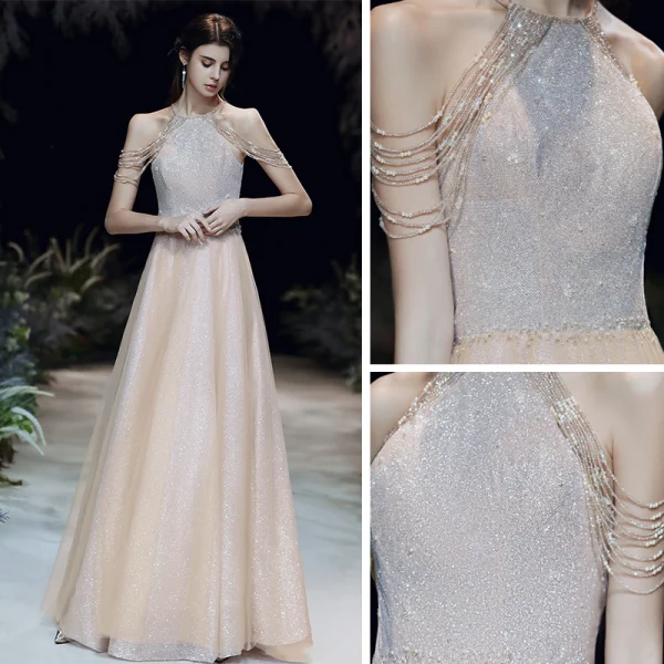 High-end Gold Evening Dresses  2020 A-Line / Princess Scoop Neck Sleeveless Beading Glitter Tulle Floor-Length / Long Backless Formal Dresses