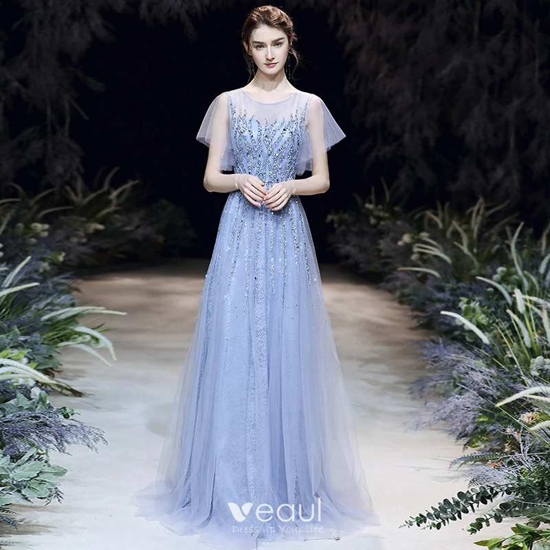 High-end Sky Blue See-through Evening Dresses 2020 A-Line / Princess Scoop Neck Short Sleeve Appliques Sequins Beading Floor-Length / Long Ruffle