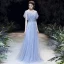 Haut de Gamme Bleu Ciel Transparentes Robe De Soirée 2020 Princesse Encolure Dégagée Manches Courtes Appliques Paillettes Perlage Longue Volants Robe De Ceremonie
