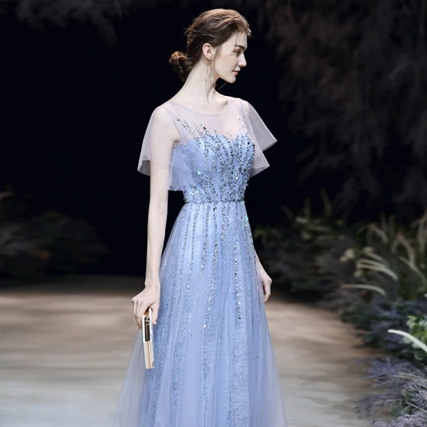 Haut de Gamme Bleu Ciel Transparentes Robe De Soirée 2020 Princesse Encolure Dégagée Manches Courtes Appliques Paillettes Perlage Longue Volants Robe De Ceremonie