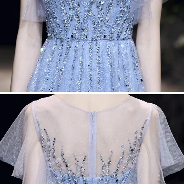Haut de Gamme Bleu Ciel Transparentes Robe De Soirée 2020 Princesse Encolure Dégagée Manches Courtes Appliques Paillettes Perlage Longue Volants Robe De Ceremonie