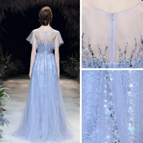 Haut de Gamme Bleu Ciel Transparentes Robe De Soirée 2020 Princesse Encolure Dégagée Manches Courtes Appliques Paillettes Perlage Longue Volants Robe De Ceremonie