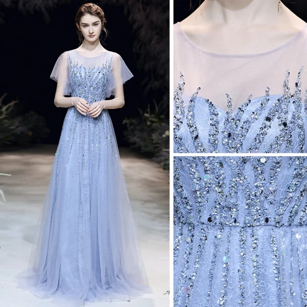Haut de Gamme Bleu Ciel Transparentes Robe De Soirée 2020 Princesse Encolure Dégagée Manches Courtes Appliques Paillettes Perlage Longue Volants Robe De Ceremonie
