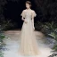 Haut de Gamme Champagne Transparentes Robe De Soirée 2020 Princesse Encolure Dégagée Manches Courtes Perlage Paillettes Longue Volants Robe De Ceremonie