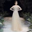 Haut de Gamme Champagne Transparentes Robe De Soirée 2020 Princesse Encolure Dégagée Manches Courtes Perlage Paillettes Longue Volants Robe De Ceremonie