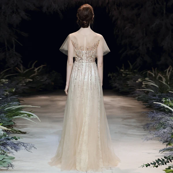 Haut de Gamme Champagne Transparentes Robe De Soirée 2020 Princesse Encolure Dégagée Manches Courtes Perlage Paillettes Longue Volants Robe De Ceremonie