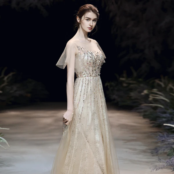 Haut de Gamme Champagne Transparentes Robe De Soirée 2020 Princesse Encolure Dégagée Manches Courtes Perlage Paillettes Longue Volants Robe De Ceremonie