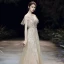 Haut de Gamme Champagne Transparentes Robe De Soirée 2020 Princesse Encolure Dégagée Manches Courtes Perlage Paillettes Longue Volants Robe De Ceremonie