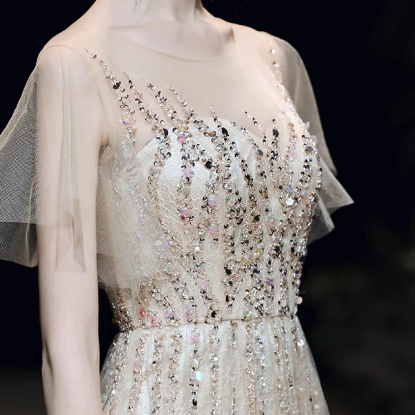 Haut de Gamme Champagne Transparentes Robe De Soirée 2020 Princesse Encolure Dégagée Manches Courtes Perlage Paillettes Longue Volants Robe De Ceremonie
