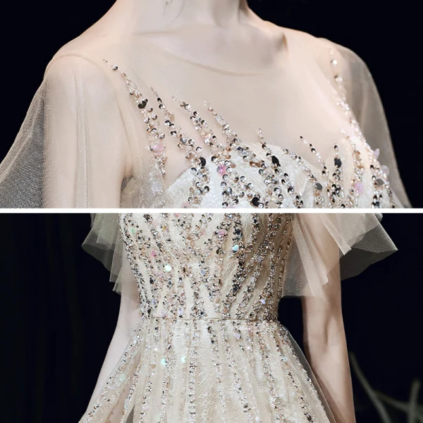 Haut de Gamme Champagne Transparentes Robe De Soirée 2020 Princesse Encolure Dégagée Manches Courtes Perlage Paillettes Longue Volants Robe De Ceremonie