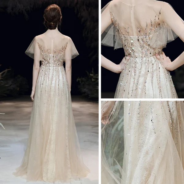 Haut de Gamme Champagne Transparentes Robe De Soirée 2020 Princesse Encolure Dégagée Manches Courtes Perlage Paillettes Longue Volants Robe De Ceremonie