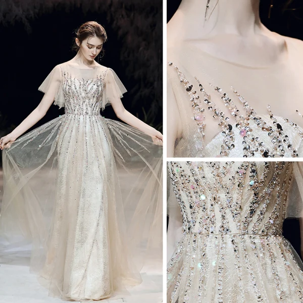 Haut de Gamme Champagne Transparentes Robe De Soirée 2020 Princesse Encolure Dégagée Manches Courtes Perlage Paillettes Longue Volants Robe De Ceremonie