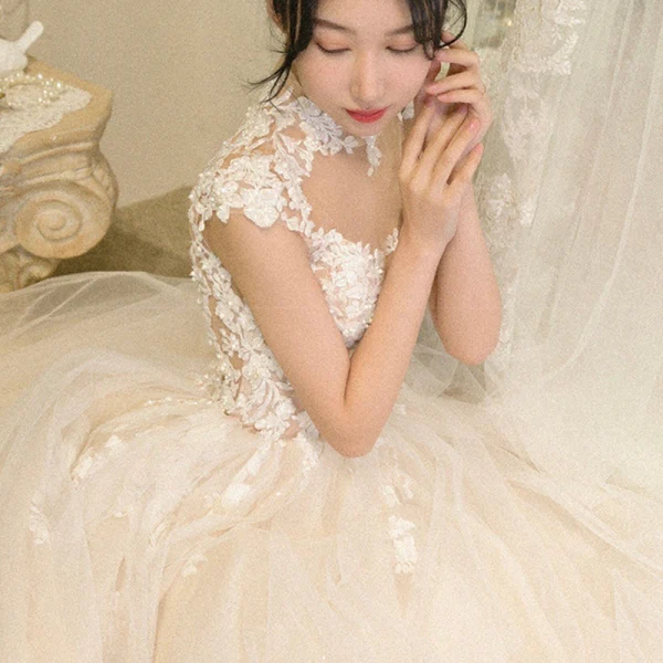 Illusion Champagne See-through Bridal Wedding Dresses 2020 Ball Gown High Neck Sleeveless Appliques Lace Beading Cathedral Train
