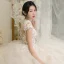 Illusion Champagne See-through Bridal Wedding Dresses 2020 Ball Gown High Neck Sleeveless Appliques Lace Beading Cathedral Train