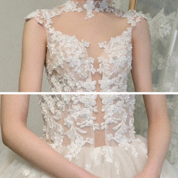 Illusion Champagne See-through Bridal Wedding Dresses 2020 Ball Gown High Neck Sleeveless Appliques Lace Beading Cathedral Train