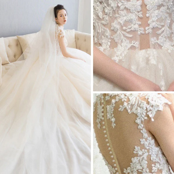Illusion Champagne See-through Bridal Wedding Dresses 2020 Ball Gown High Neck Sleeveless Appliques Lace Beading Cathedral Train