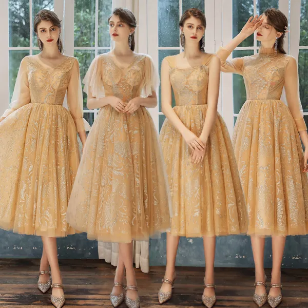 Niedrogie Złote Przezroczyste Sukienki Dla Druhen 2020 Princessa Bez Pleców Cekinami Tiulowe Długość Herbaty Wzburzyć