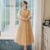 Affordable Gold See-through Bridesmaid Dresses 2020 A-Line / Princess Backless Glitter Tulle Tea-length Ruffle