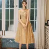 Niedrogie Złote Przezroczyste Sukienki Dla Druhen 2020 Princessa Bez Pleców Cekinami Tiulowe Długość Herbaty Wzburzyć