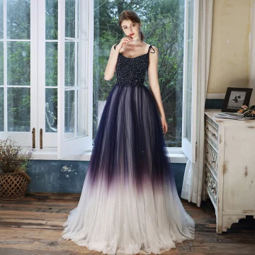 Charmant Violet Dégradé De Couleur Blanche Robe De Bal 2020 Princesse Bretelles Spaghetti Sans Manches Perlage Paillettes Glitter Tulle Longue Volants Dos Nu