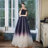 Charming Purple Gradient-Color White Prom Dresses 2020 A-Line / Princess Spaghetti Straps Sleeveless Beading Sequins Glitter Tulle Floor-Length / Long Ruffle Backless