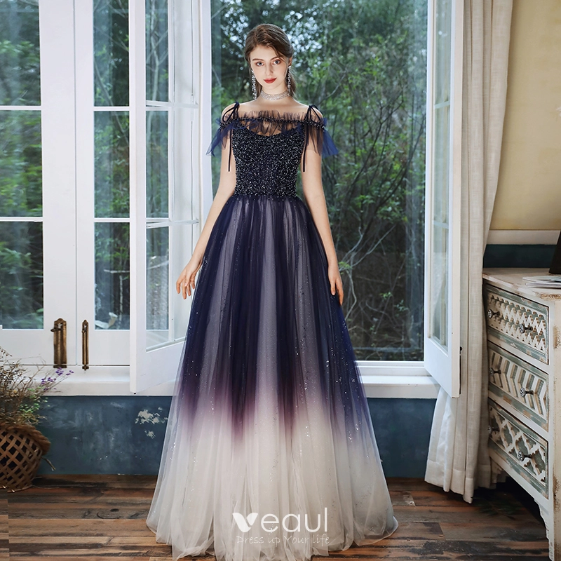 Charming Purple Gradient-Color White Prom Dresses 2020 A-Line