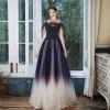Charming Purple Gradient-Color White Prom Dresses 2020 A-Line / Princess Spaghetti Straps Sleeveless Beading Sequins Glitter Tulle Floor-Length / Long Ruffle Backless