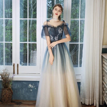 Chic Beautiful Navy Blue Gradient Color Champagne Evening Dresses 2020 A Line Princess Off The Shoulder Spaghetti Straps Short Sleeve Beading Glitter Tulle Floor Length Long Ruffle Formal Dresses