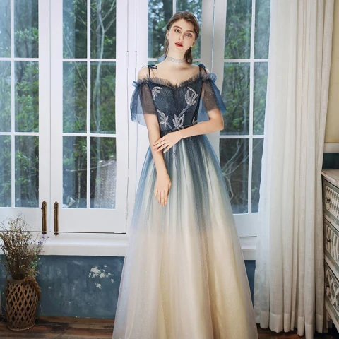 Schöne Marineblau Farbverlauf Champagner Abendkleider 2020 A Linie Off Shoulder Spaghettiträger Kurze Ärmel Perlenstickerei Glanz Tülle Lange Rüschen Festliche Kleider