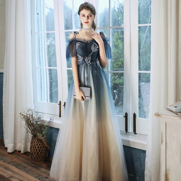 Chic / Belle Bleu Marine Dégradé De Couleur Champagne Robe De Soirée 2020 Princesse De l'épaule Bretelles Spaghetti Manches Courtes Perlage Glitter Tulle Longue Volants Robe De Ceremonie