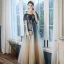 Chic / Belle Bleu Marine Dégradé De Couleur Champagne Robe De Soirée 2020 Princesse De l'épaule Bretelles Spaghetti Manches Courtes Perlage Glitter Tulle Longue Volants Robe De Ceremonie