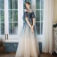 Chic / Belle Bleu Marine Dégradé De Couleur Champagne Robe De Soirée 2020 Princesse De l'épaule Bretelles Spaghetti Manches Courtes Perlage Glitter Tulle Longue Volants Robe De Ceremonie