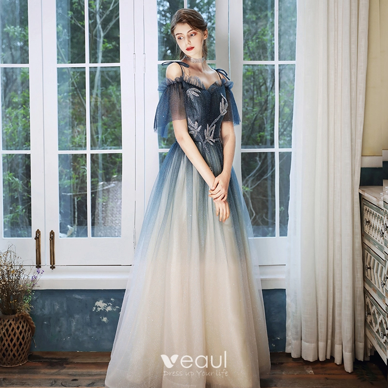 blue gradient dress Blue Gradient Tulle Long A-Line Prom Dress, Blue Strapless Evening Par main image 1