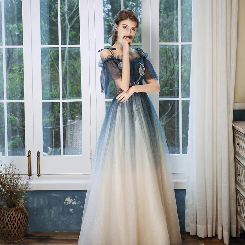 navy blue dress for baby girl Elegant Princess Off-The-Shoulder A-Line Ball Gown Wedding Dress with Long Sleeves