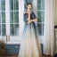 Chic / Belle Bleu Marine Dégradé De Couleur Champagne Robe De Soirée 2020 Princesse De l'épaule Bretelles Spaghetti Manches Courtes Perlage Glitter Tulle Longue Volants Robe De Ceremonie