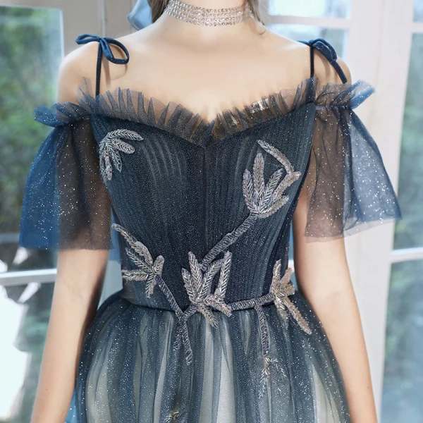 Chic / Belle Bleu Marine Dégradé De Couleur Champagne Robe De Soirée 2020 Princesse De l'épaule Bretelles Spaghetti Manches Courtes Perlage Glitter Tulle Longue Volants Robe De Ceremonie