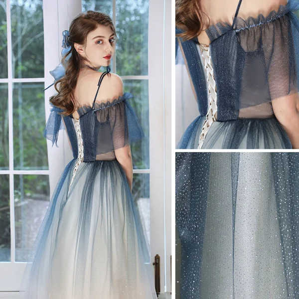 Chic / Belle Bleu Marine Dégradé De Couleur Champagne Robe De Soirée 2020 Princesse De l'épaule Bretelles Spaghetti Manches Courtes Perlage Glitter Tulle Longue Volants Robe De Ceremonie