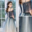 Chic / Belle Bleu Marine Dégradé De Couleur Champagne Robe De Soirée 2020 Princesse De l'épaule Bretelles Spaghetti Manches Courtes Perlage Glitter Tulle Longue Volants Robe De Ceremonie