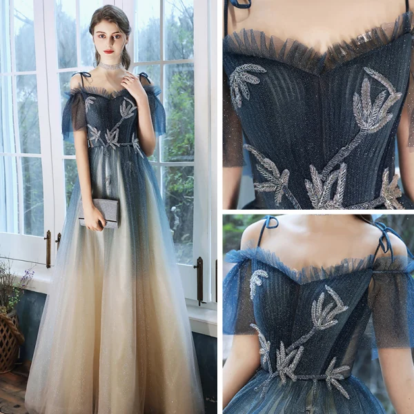Chic / Belle Bleu Marine Dégradé De Couleur Champagne Robe De Soirée 2020 Princesse De l'épaule Bretelles Spaghetti Manches Courtes Perlage Glitter Tulle Longue Volants Robe De Ceremonie