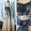Chic / Belle Bleu Marine Dégradé De Couleur Champagne Robe De Soirée 2020 Princesse De l'épaule Bretelles Spaghetti Manches Courtes Perlage Glitter Tulle Longue Volants Robe De Ceremonie