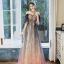 Chic / Belle Bleu Marine Dégradé De Couleur Rose Bonbon Transparentes Robe De Soirée 2020 Princesse Bretelles Spaghetti Manches Courtes Appliques Perlage Paillettes Glitter Tulle Longue Volants Dos Nu Robe De Ceremonie