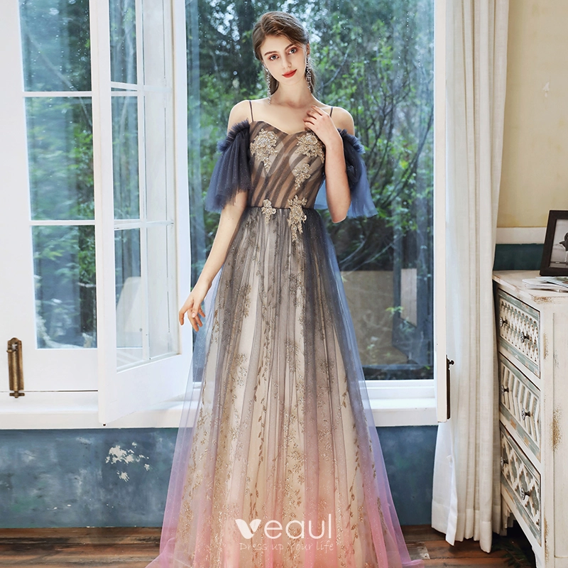 Chic Beautiful Navy Blue Gradient Color Candy Pink See through Evening Dresses 2020 A Line Princess Spaghetti Straps Short Sleeve Appliques Beading Sequins Glitter Tulle Floor Length Long Ruffle Backl...