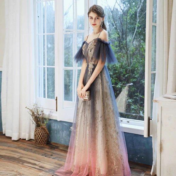 Chic / Belle Bleu Marine Dégradé De Couleur Rose Bonbon Transparentes Robe De Soirée 2020 Princesse Bretelles Spaghetti Manches Courtes Appliques Perlage Paillettes Glitter Tulle Longue Volants Dos Nu Robe De Ceremonie