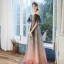 Chic / Belle Bleu Marine Dégradé De Couleur Rose Bonbon Transparentes Robe De Soirée 2020 Princesse Bretelles Spaghetti Manches Courtes Appliques Perlage Paillettes Glitter Tulle Longue Volants Dos Nu Robe De Ceremonie