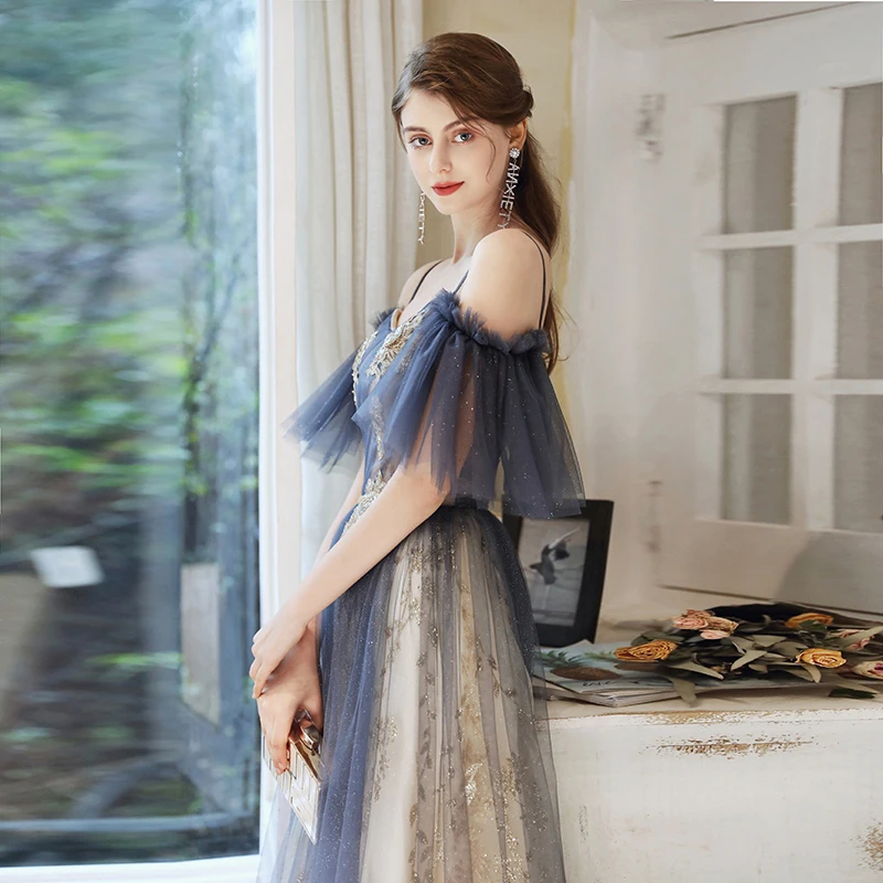 chinese dress ladies Princess Blue See Through Floral Spaghetti Straps A line Prom Dress Formal  Dress main image 1